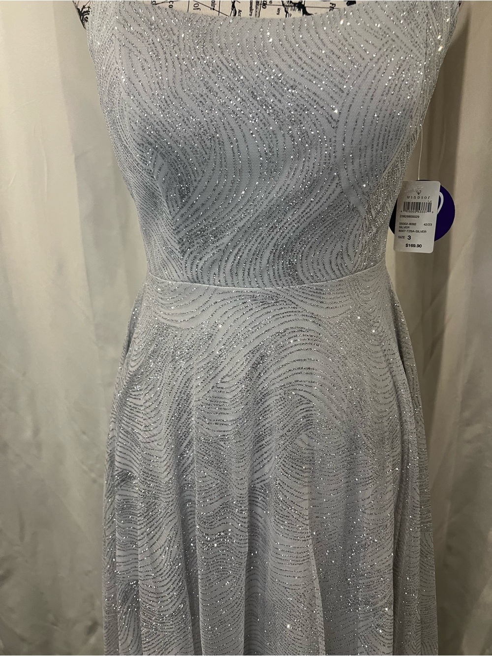 Windsor Silver Sparkle Spaghetti-Strap Prom Gown - Picture 3 of 14